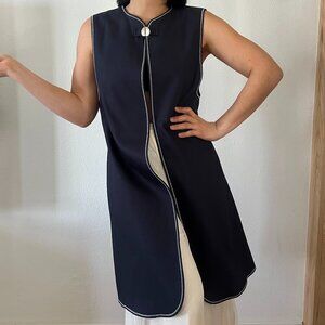 Zara Navy blue long‎ Vest silver Clasp Open Front white Stitching Midi Large